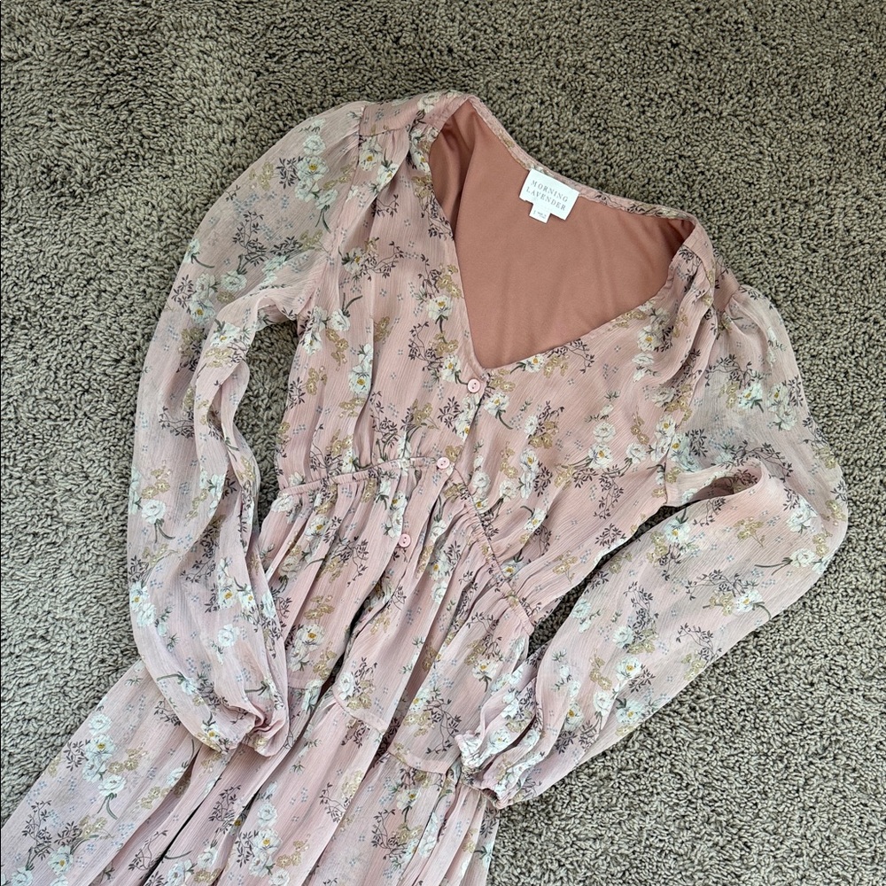 Floral Blush Long-Sleeve Midi Dress